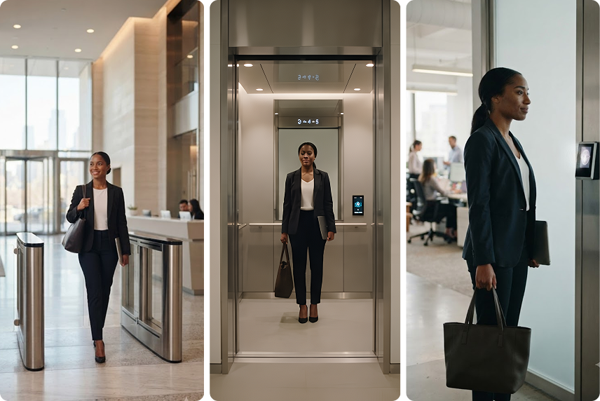 One credential carrying a person through the lobby turnstile, elevator, and office door