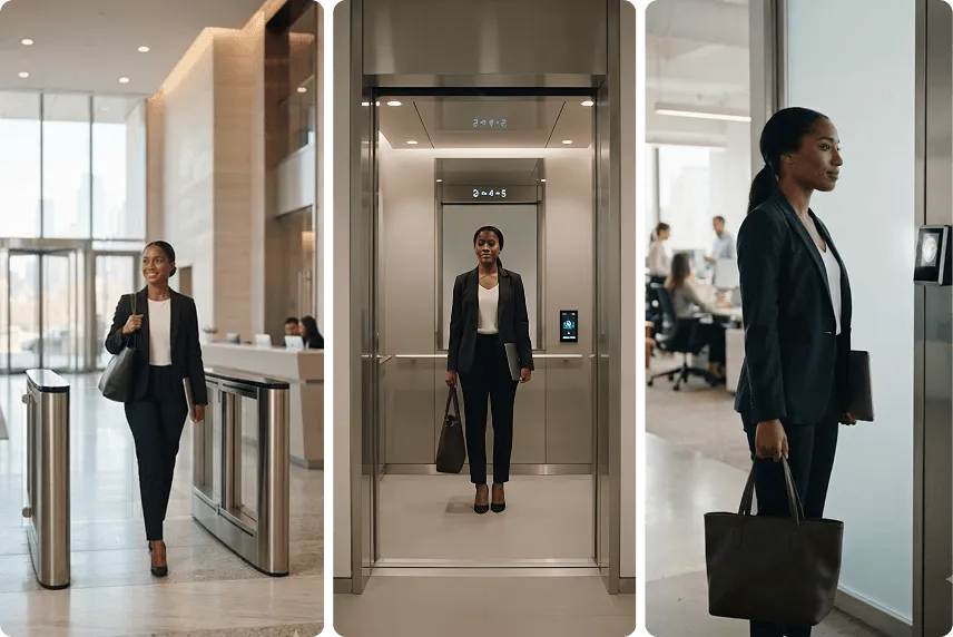 One credential carrying a person through the lobby turnstile, elevator, and office door