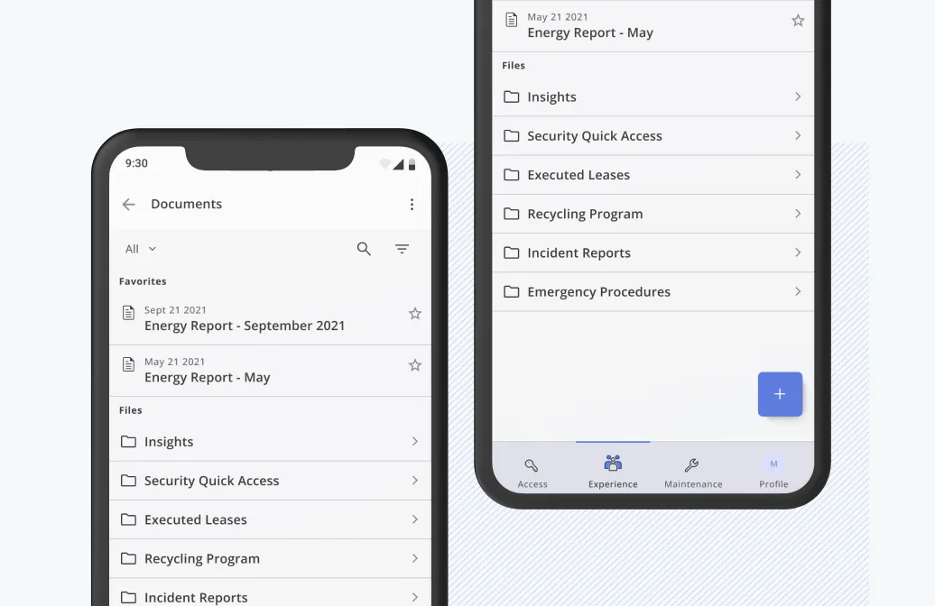 Document library with energy reports, leases, incident reports, and emergency procedures