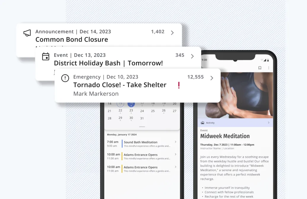 Announcement, event, and emergency notification cards next to an in-app event calendar