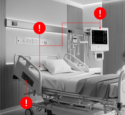 Patient room with connected equipment flagged for monitoring