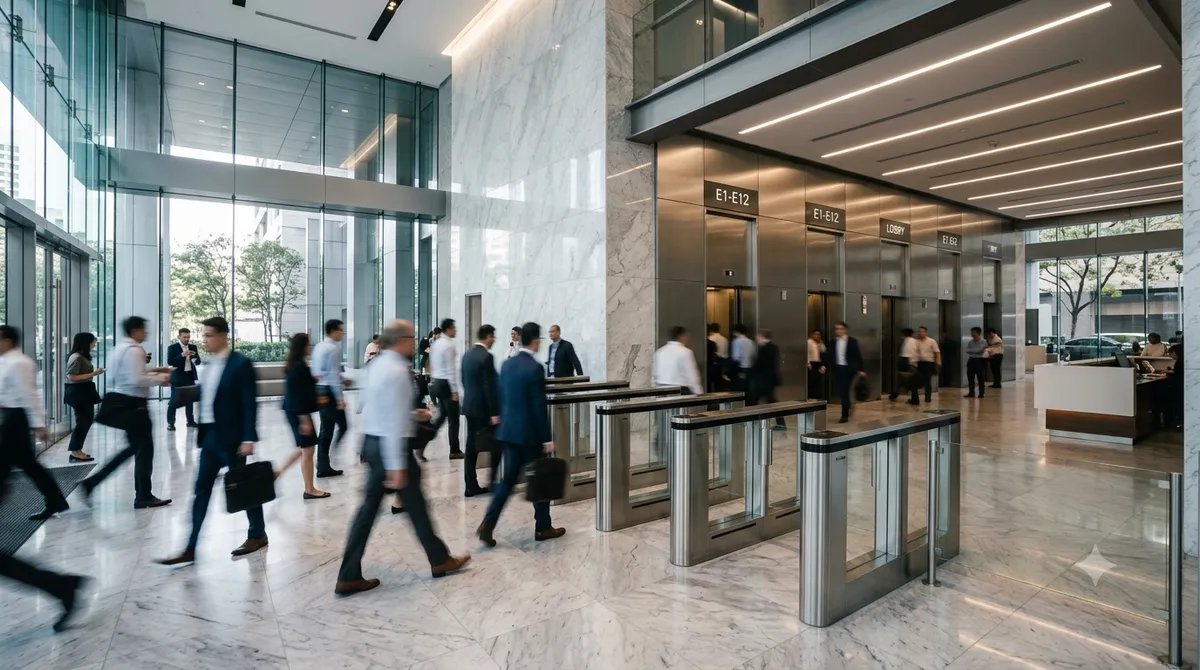 Time-lapse of people moving through a building lobby