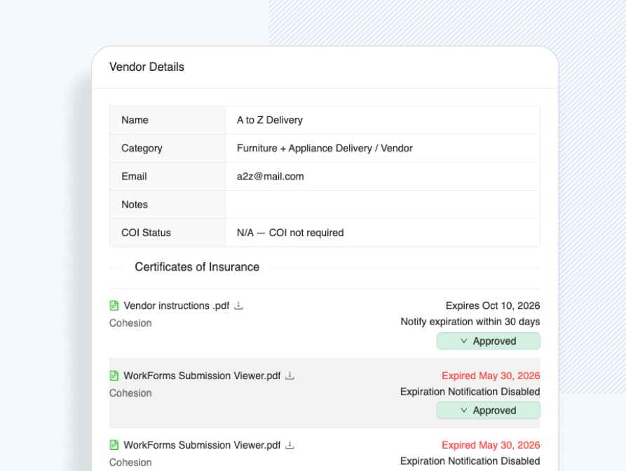 COI lapse + work order block