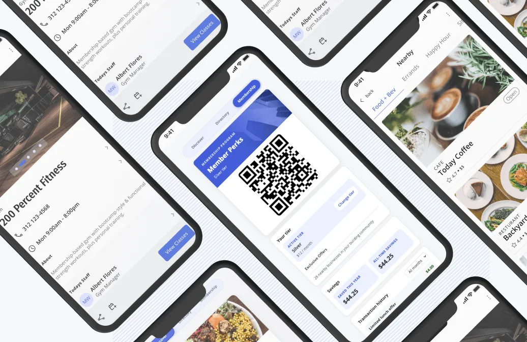 Member perks QR code and nearby food, coffee, and fitness offers in the tenant app