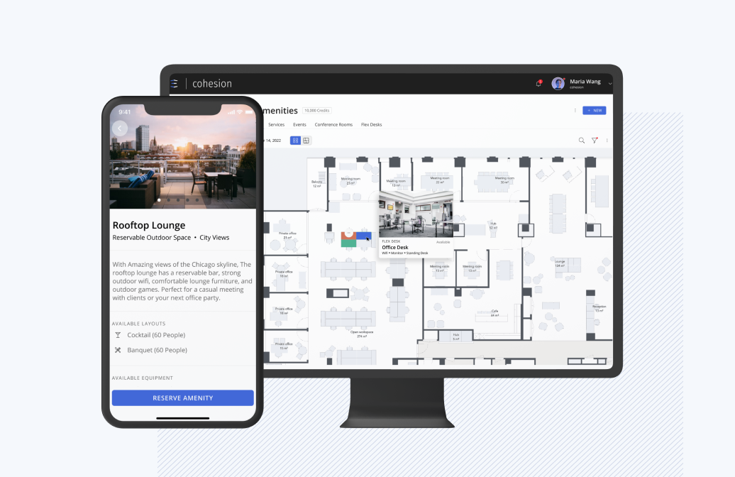 Operator console with a floor plan next to a tenant reserving a rooftop lounge in the Cohesion app