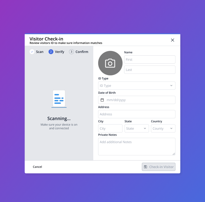 Visitor check-in dialog showing the document verification step in progress