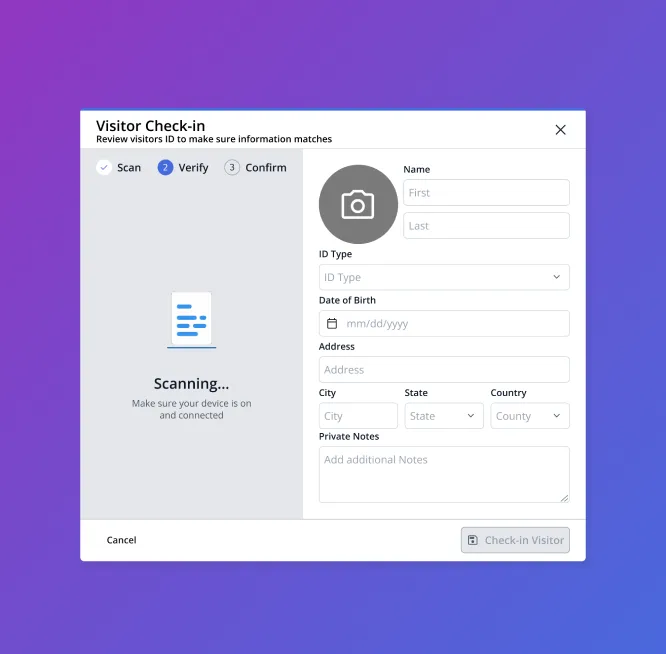 Visitor check-in dialog showing the document verification step in progress