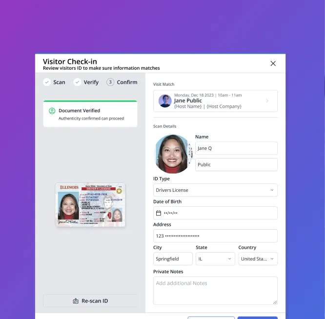 Visitor check-in dialog confirming the document is verified and matched to the visit
