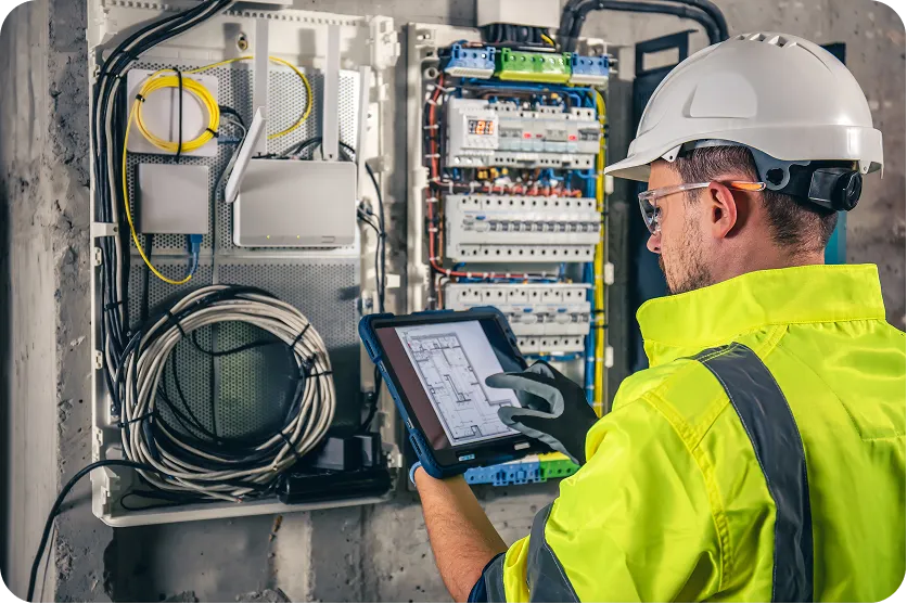 A facilities engineer reviewing a floor plan on a tablet in front of a building panel