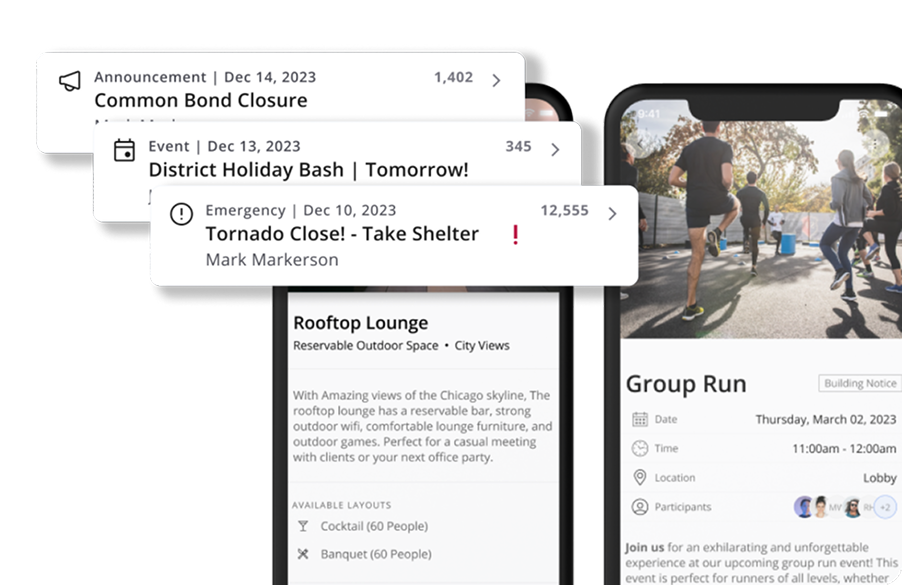 Smart Experience mobile app showing building announcements, amenity booking, and event details