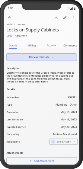 Work order detail screen showing status, assignment, and attachments