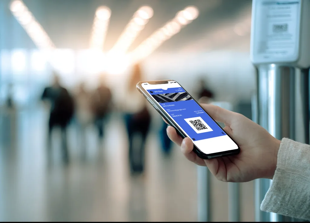 Guest holding a phone with a visitor QR pass in a building lobby