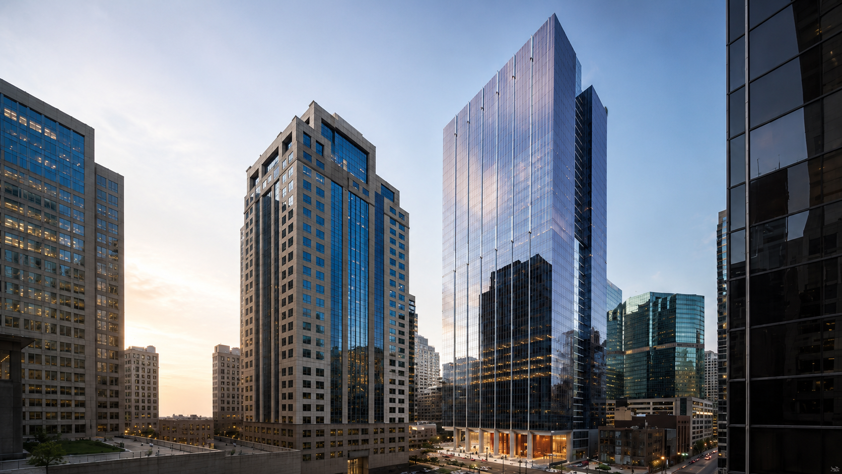 155 North Wacker's glass tower rising above the Chicago skyline at dusk