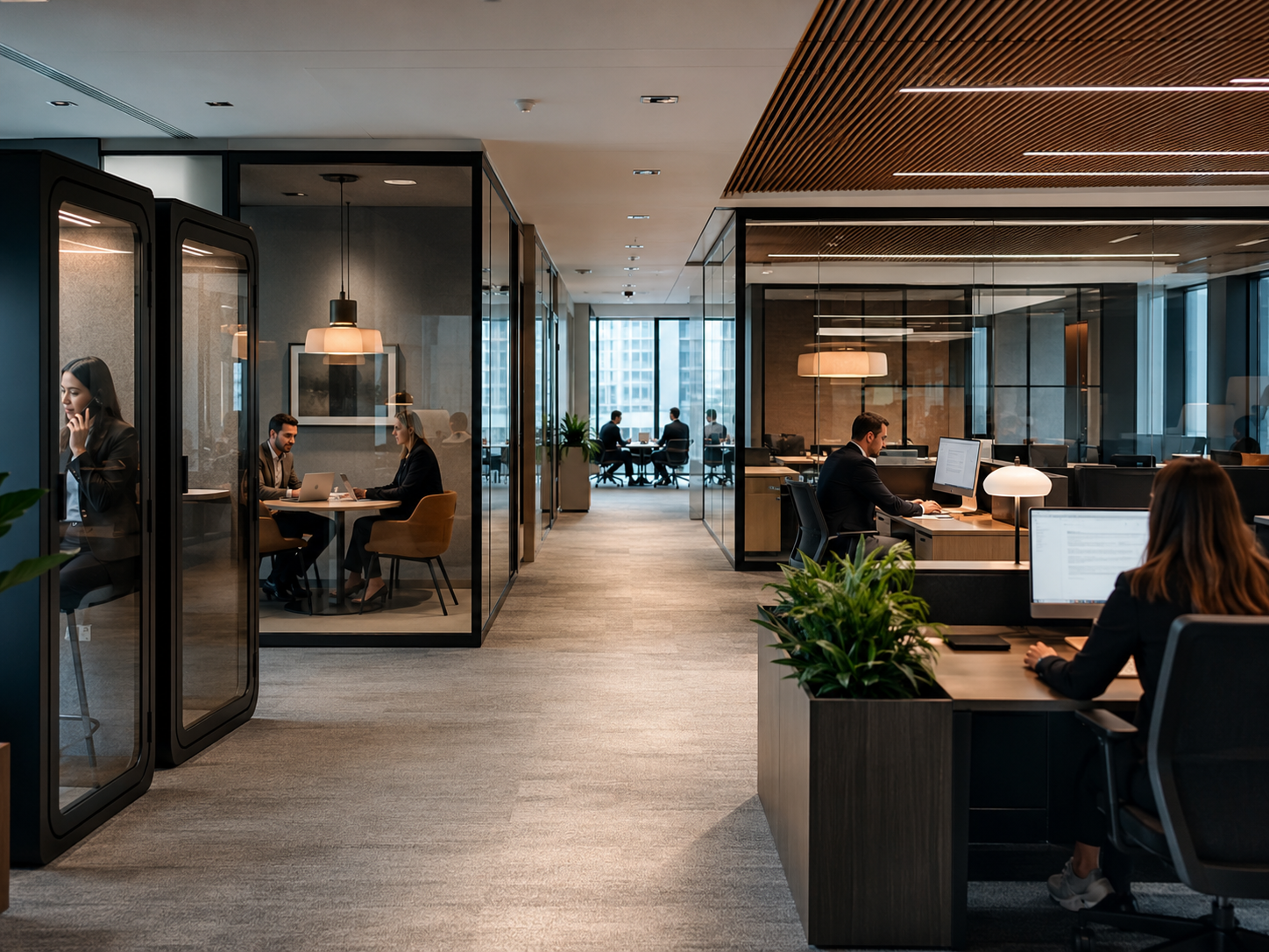 Everstone Financial's open office floor with glass-walled focus pods and desks
