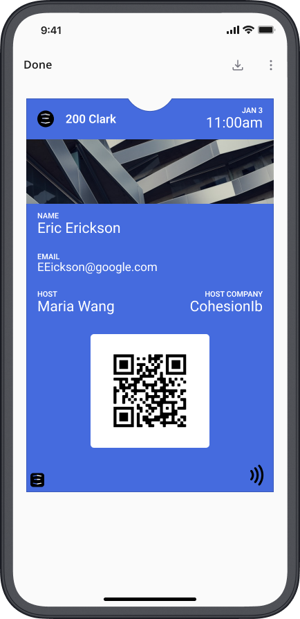 Cohesion app: elevator call, inspections, reservations, and visitor pass screens