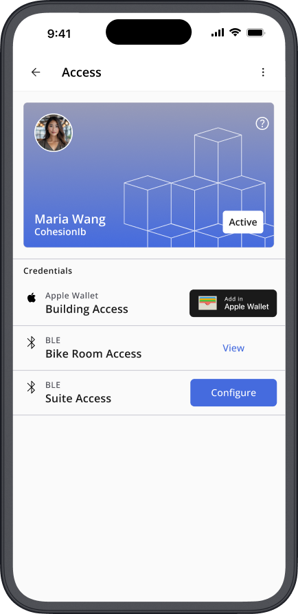 Cohesion app: temperature controls, events, reservations, and mobile keycard screens