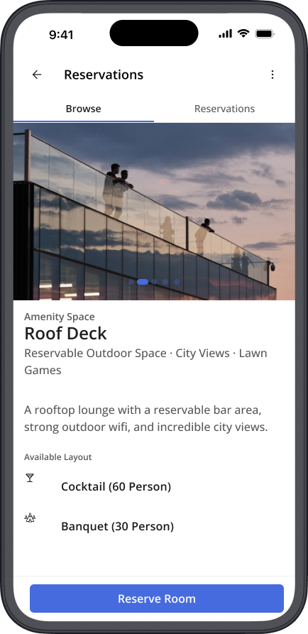 Cohesion app: elevator call, inspections, reservations, and visitor pass screens