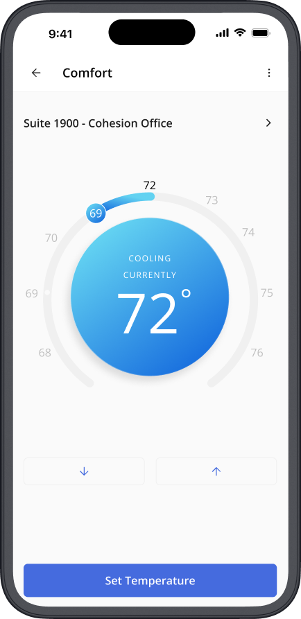 Cohesion app: temperature controls, events, reservations, and mobile keycard screens