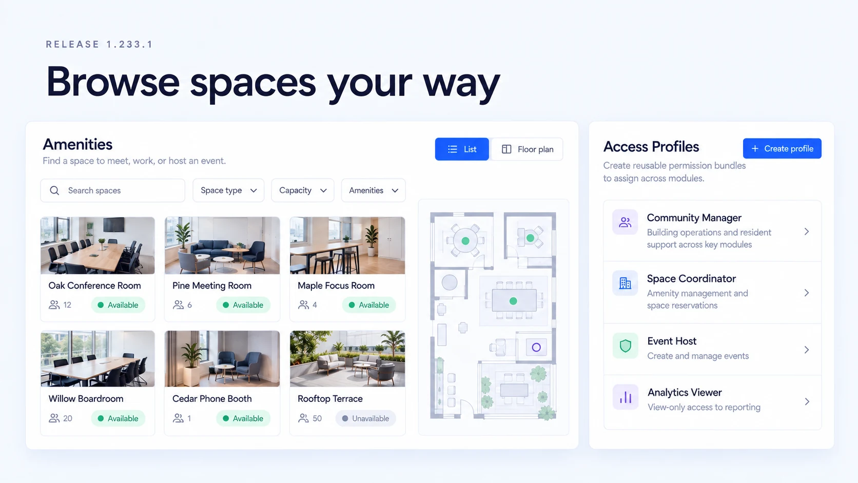 Illustration: Amenity browsing with list and floor-plan controls beside reusable Access Profiles.