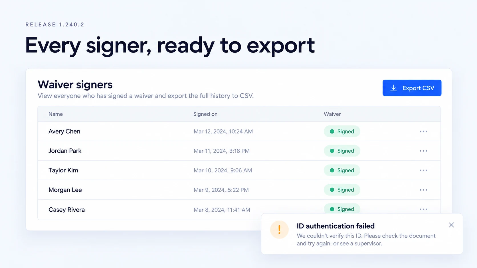 Illustration: A waiver signer history with CSV export and an ID authentication failure alert.