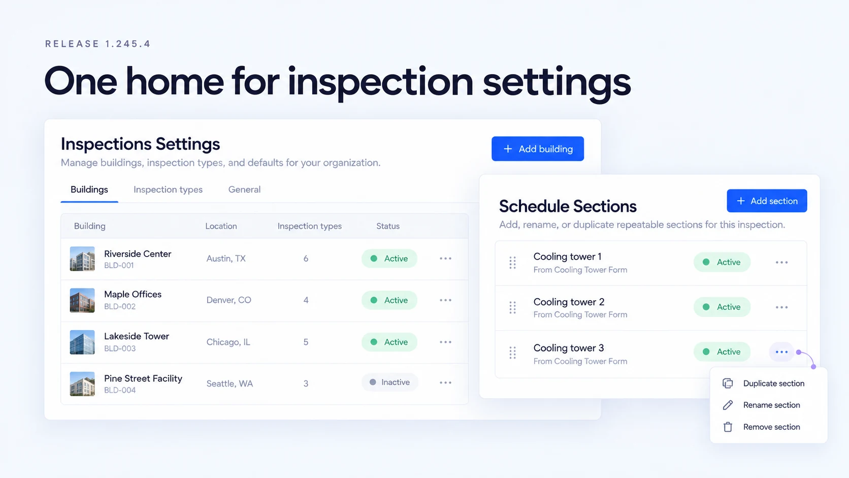 Illustration: Inspection settings beside repeated, individually named cooling tower sections.