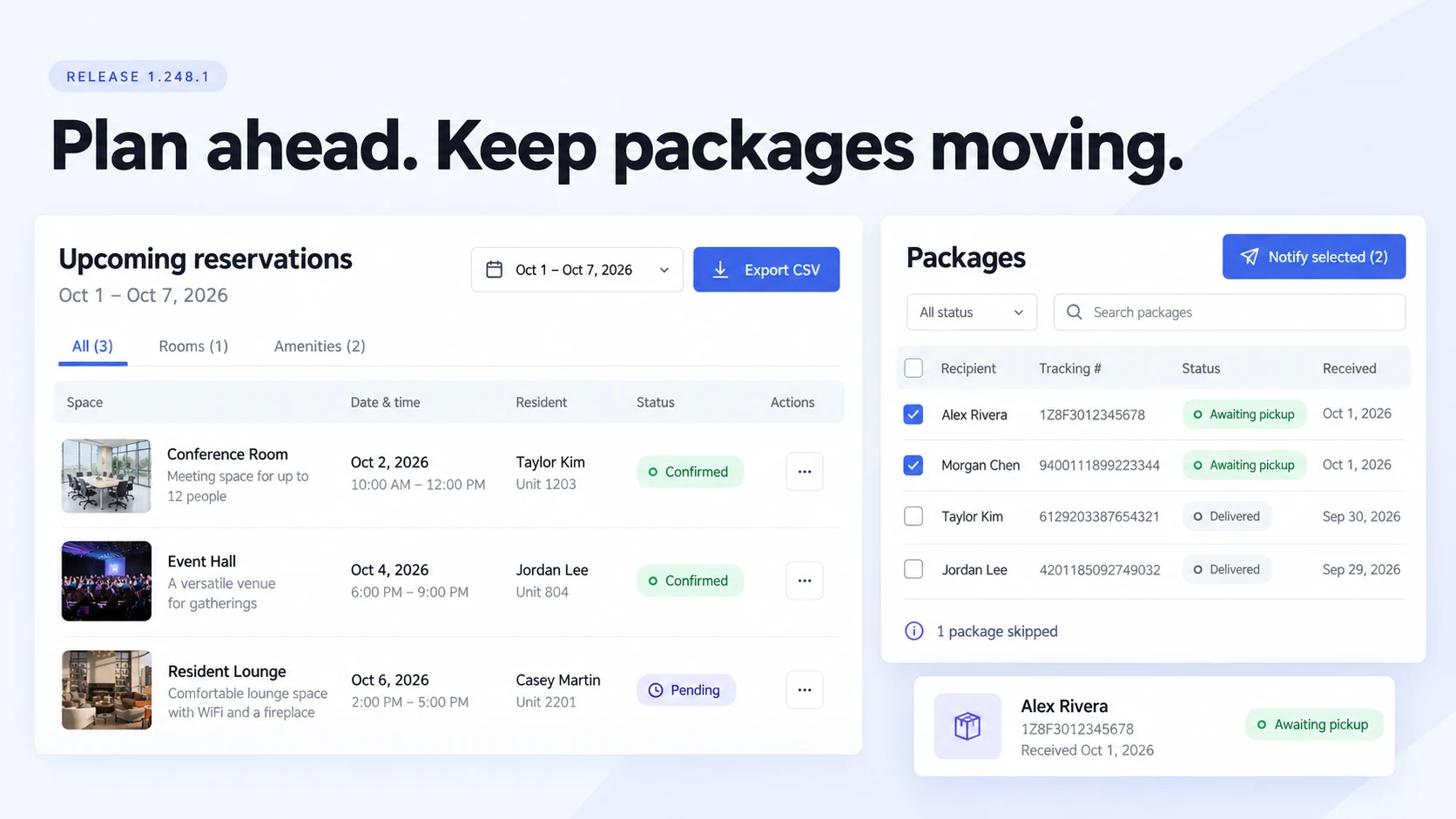 Illustration: Upcoming reservation CSV export beside package selection and notification controls.