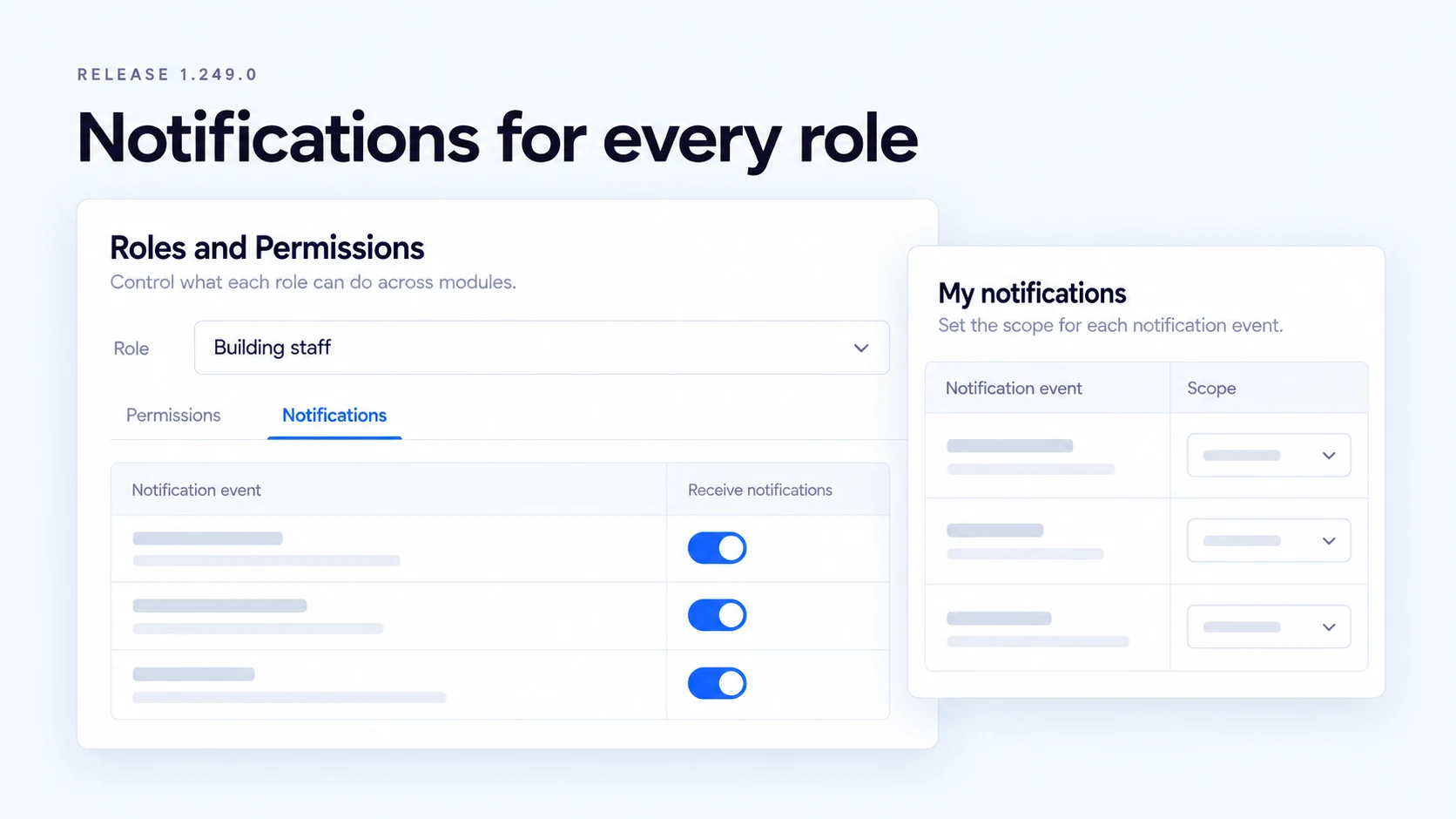 Illustration of role notification controls and a notification scope dropdown in user settings.