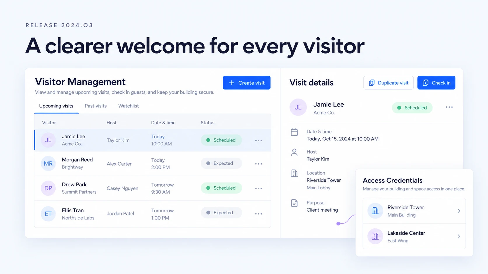 Illustration: Visitor management with duplicate and check-in actions beside unified access credentials.