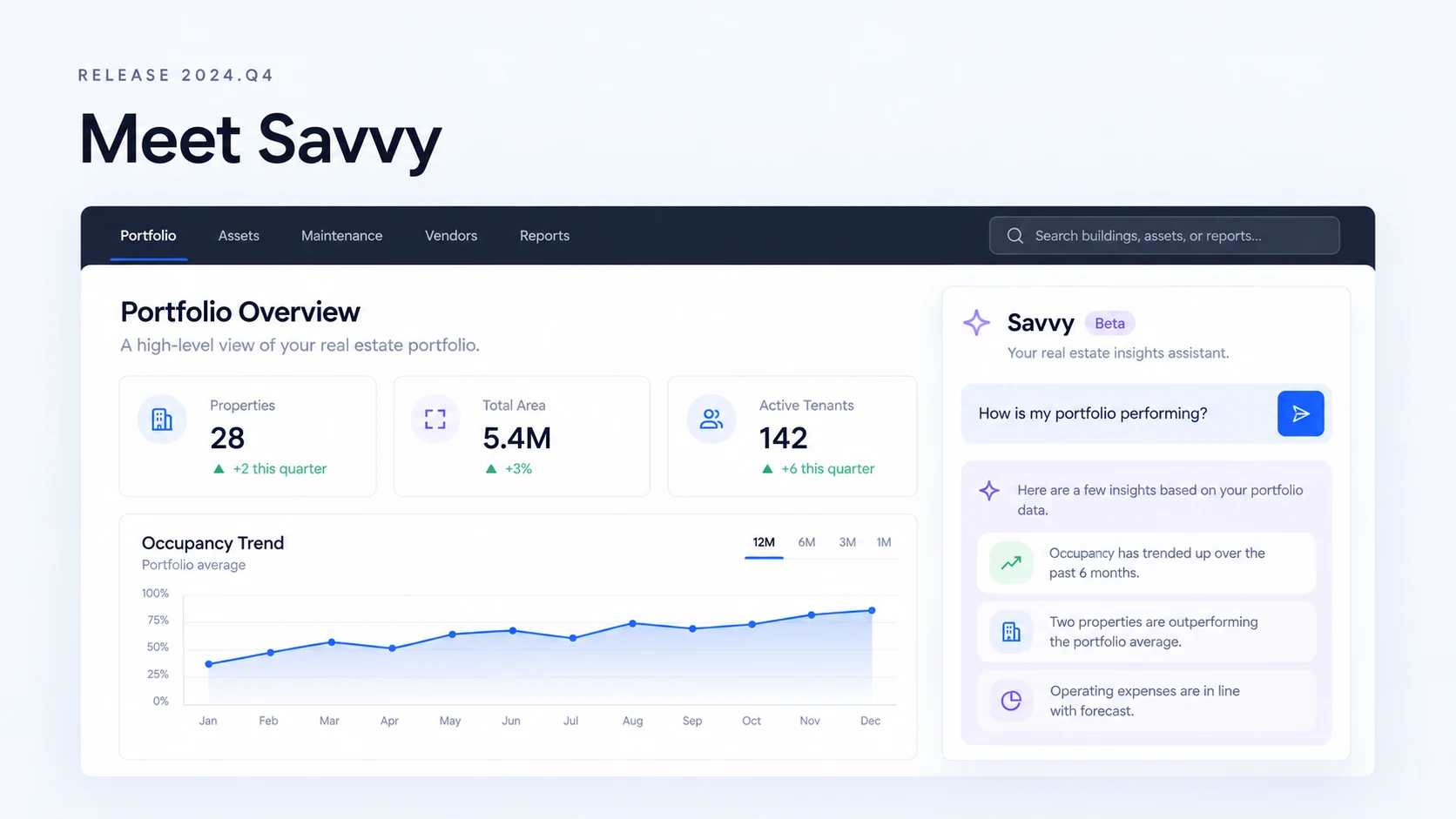 Illustration: A portfolio dashboard and Savvy insights panel marked as a beta.