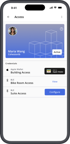 Cohesion mobile app showing digital keycards and credentials