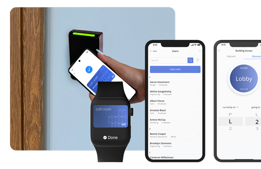 Mobile credential tapping a door reader next to the Smart Access user list and elevator call screens
